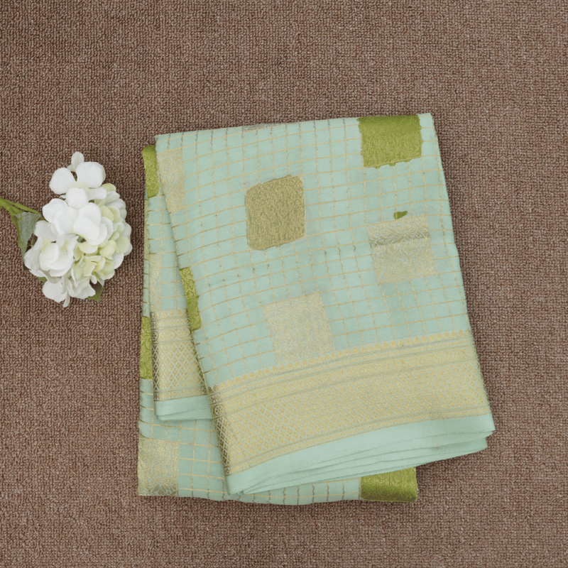 Pure mysore crepe checks meena weaving with hnd paint highlighted silk saree